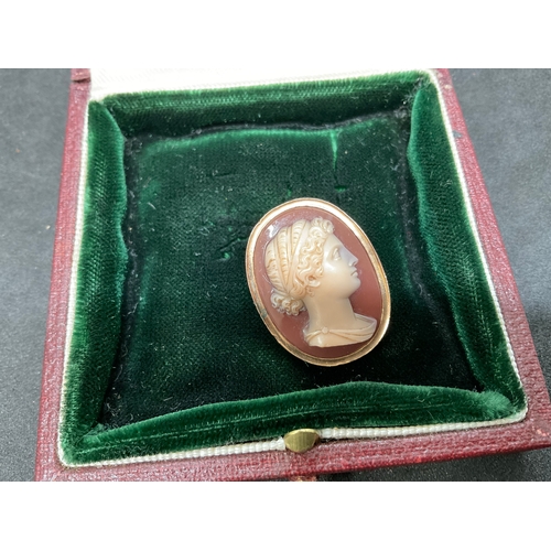 204 - GOLD CAMEO BROOCH - TOTAL WEIGHT 5.2G - TESTS GOLD BUT NOT MARKED