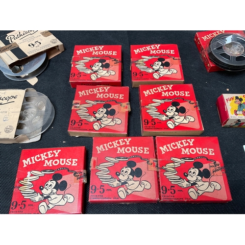 207 - QTY OF VINTAGE MICKEY MOUSE 9.5MM MOVIE REELS ETC - 7 SEALED BOXES AND 2 EMPTY REELS