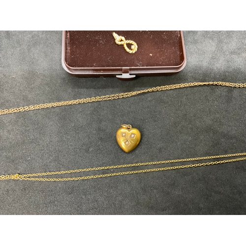 221 - 15CT GOLD & SEED PEARL LOCKET 1.1G AND HALLMARKED 9CT .7G PENDANT  PLUS 2 YELLOW METAL CHAINS