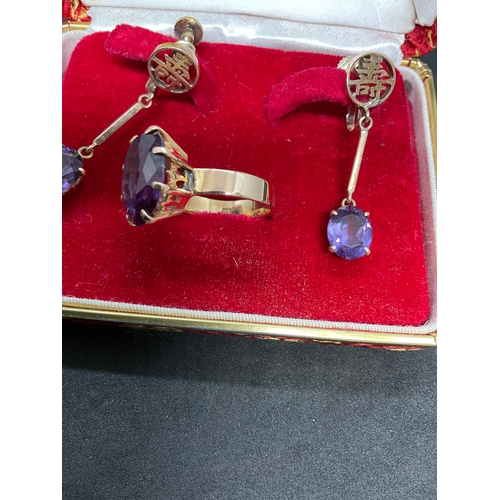 225 - RING AND EARRINGS SET 14CT STAMPED - TESTED GOLD - SET WITH AMETHYST - TOTAL WEIGHT 10.7G