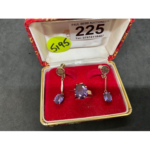 225 - RING AND EARRINGS SET 14CT STAMPED - TESTED GOLD - SET WITH AMETHYST - TOTAL WEIGHT 10.7G