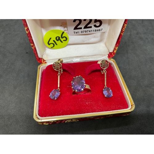 225 - RING AND EARRINGS SET 14CT STAMPED - TESTED GOLD - SET WITH AMETHYST - TOTAL WEIGHT 10.7G