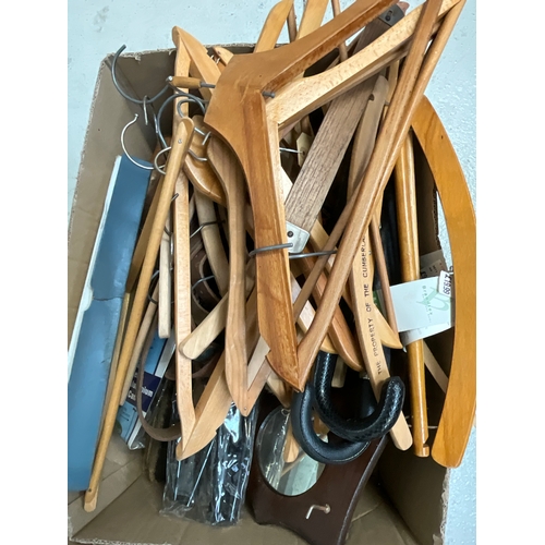 155 - 3 BOXES TO INCLUDE WOOL, VINTAGE COAT HANGERS, UMBRELLAS ETC