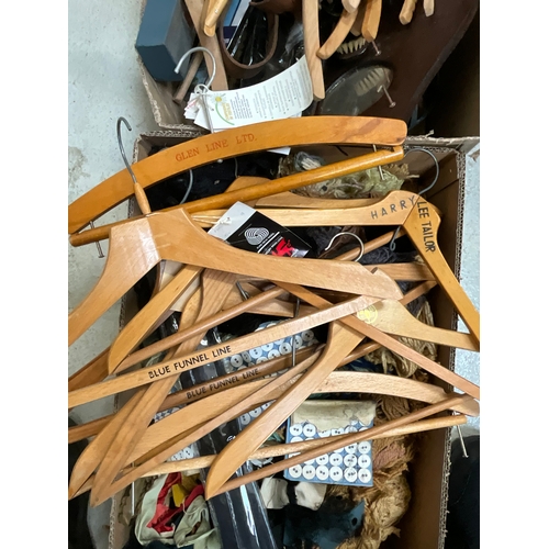 155 - 3 BOXES TO INCLUDE WOOL, VINTAGE COAT HANGERS, UMBRELLAS ETC