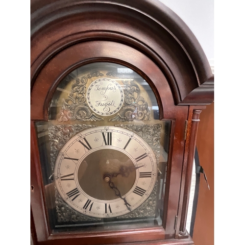 162 - REPRODUCTION MAHOGANY LONGCASE CLOCK WITH TEMPUS FOUITE WORKS AND FACE COMPLETE AND IN WORKING ORDER... 