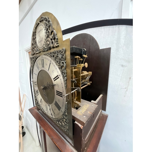 162 - REPRODUCTION MAHOGANY LONGCASE CLOCK WITH TEMPUS FOUITE WORKS AND FACE COMPLETE AND IN WORKING ORDER... 