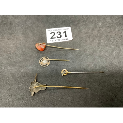 231 - 4 YELLOW METAL STICK PINS