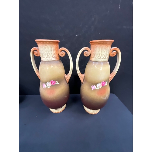 252 - PAIR OF TWIN HANDLED VASES DECORATED WITH FLOWERS - A/F H15