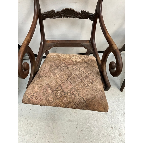 286 - 6 VICTORIAN MAHOGANY DINING CHAIRS WITH UPHOLSTERED SEAT PADS TO INCLUDE SINGLE CARVER A/F