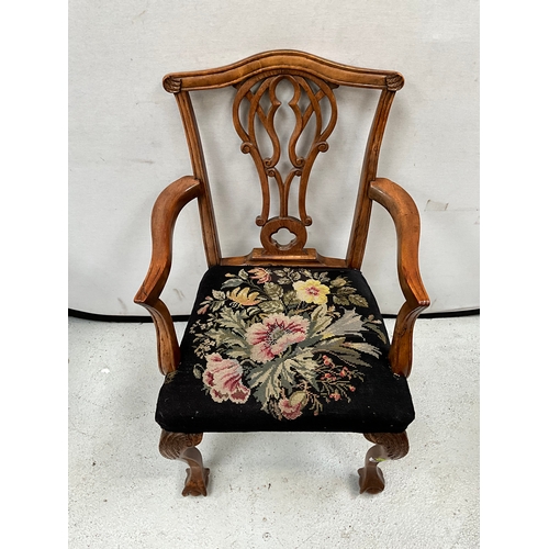 294 - VICTORIAN MAHOGANY ARMCHAIR WITH UPHOLSTERED SEAT ON BALL AND CLAW FRONT FEET A/F