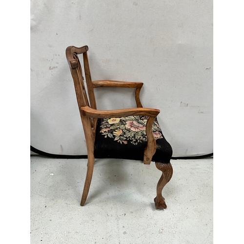 294 - VICTORIAN MAHOGANY ARMCHAIR WITH UPHOLSTERED SEAT ON BALL AND CLAW FRONT FEET A/F