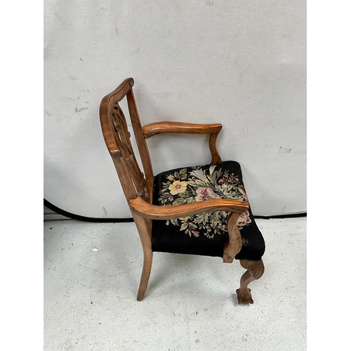 294 - VICTORIAN MAHOGANY ARMCHAIR WITH UPHOLSTERED SEAT ON BALL AND CLAW FRONT FEET A/F