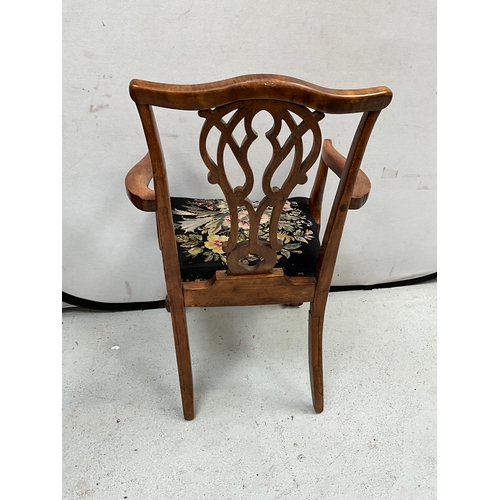 294 - VICTORIAN MAHOGANY ARMCHAIR WITH UPHOLSTERED SEAT ON BALL AND CLAW FRONT FEET A/F