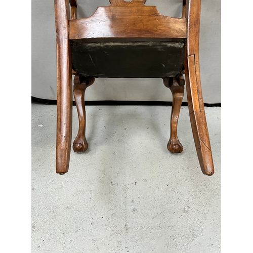 294 - VICTORIAN MAHOGANY ARMCHAIR WITH UPHOLSTERED SEAT ON BALL AND CLAW FRONT FEET A/F