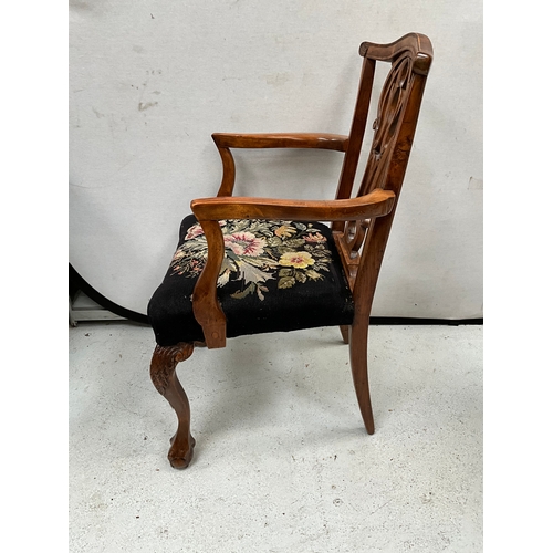 294 - VICTORIAN MAHOGANY ARMCHAIR WITH UPHOLSTERED SEAT ON BALL AND CLAW FRONT FEET A/F