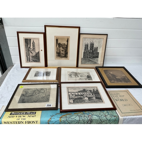 299 - BOX OF FRAMED ETCHINGS AND VICTORIAN PHOTOGRAPH FRAME - LARGEST PICTURE 17