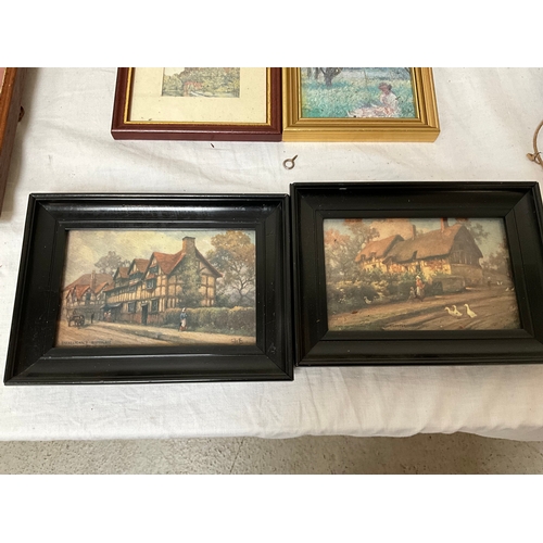 304 - BOX OF SMALL FRAMED PRINTS TO INCLUDE WATERCOLOURS ETC - LARGEST 17.5