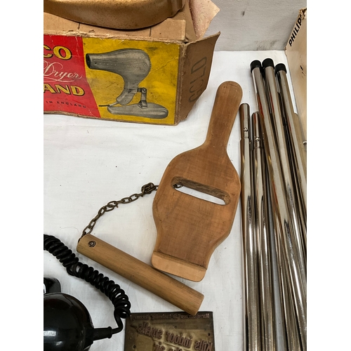 306 - BOX OF VINTAGE COLLECTABLES TO INCLUDE PIFCO HAIRDRYER AND STAND, VINTAGE BLACK TELEPHONE, PRINTING ... 