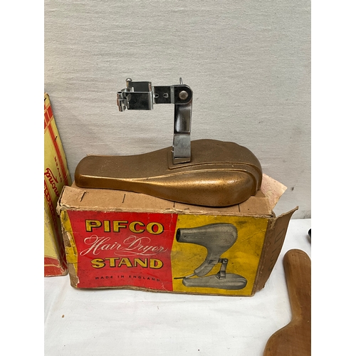 306 - BOX OF VINTAGE COLLECTABLES TO INCLUDE PIFCO HAIRDRYER AND STAND, VINTAGE BLACK TELEPHONE, PRINTING ... 