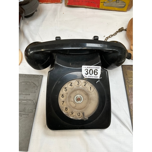 306 - BOX OF VINTAGE COLLECTABLES TO INCLUDE PIFCO HAIRDRYER AND STAND, VINTAGE BLACK TELEPHONE, PRINTING ... 