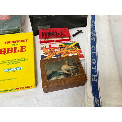 320 - BOX OF VINTAGE GAMES , DOUBLE DIAMOND ASHTRAY, BOTTLES ETC