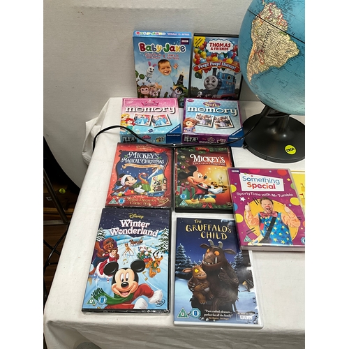 321 - BOX OF CHILDRENS DVD'S AND ELECTRIC GLOBE