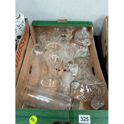 325 - 2 BOXES OF GLASSWARE AND 1 BOX OF COLOURED GLASSWARE 
WHITE VASE 12