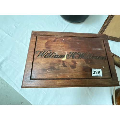 329 - BOX OF WOODEN ITEMS, ENAMEL PAN AND WOODEN BOAT