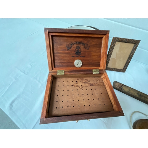 329 - BOX OF WOODEN ITEMS, ENAMEL PAN AND WOODEN BOAT