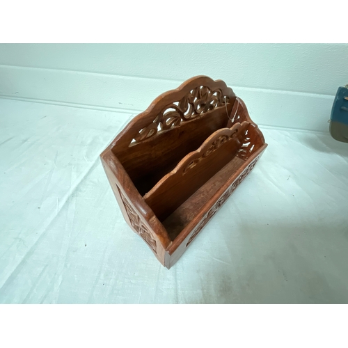 329 - BOX OF WOODEN ITEMS, ENAMEL PAN AND WOODEN BOAT