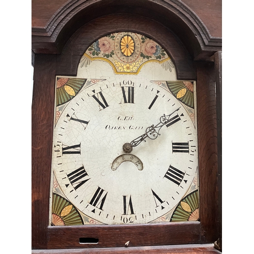 354 - VICTORIAN OAK CASED THIRTY HOUR LONGCASE GRANDFATHER CLOCK - PENDULUM AND WEIGHTS H80