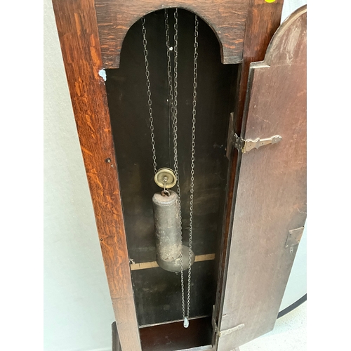 354 - VICTORIAN OAK CASED THIRTY HOUR LONGCASE GRANDFATHER CLOCK - PENDULUM AND WEIGHTS H80