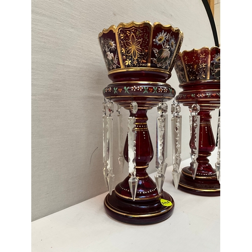 359 - PAIR OF VICTORIAN GLASS LUSTRES COMPLETE WITH DROPPERS H14