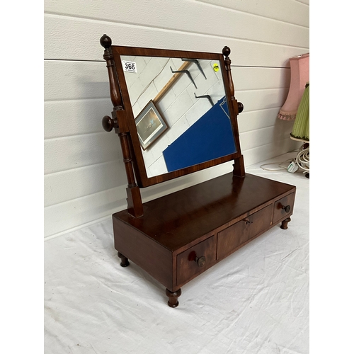 366 - GEORGIAN MAHOGANY DRESSING TABLE MIRROR WITH 3 DRAWERS TO BASE ON TURNED FEET COMPLETE WITH KEY H23