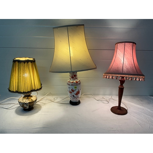 369 - 3 VINTAGE TABLE LAMPS, 2 ORIENTAL EXAMPLES AND CHINOISSERIE EXAMPLE