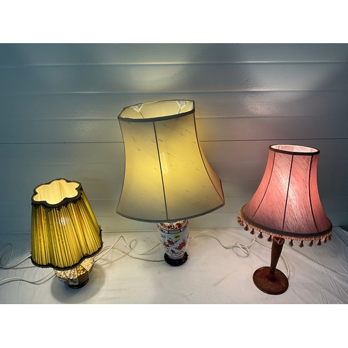 369 - 3 VINTAGE TABLE LAMPS, 2 ORIENTAL EXAMPLES AND CHINOISSERIE EXAMPLE