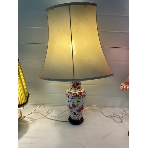 369 - 3 VINTAGE TABLE LAMPS, 2 ORIENTAL EXAMPLES AND CHINOISSERIE EXAMPLE