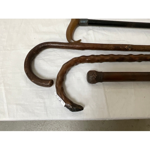 374 - QTY OF VINTAGE WALKING STICKS AND A UMBRELLA A/F AND A SHEPHERDS CROOK 58