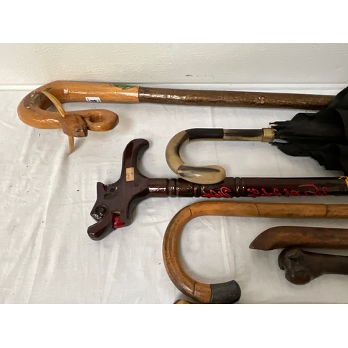 374 - QTY OF VINTAGE WALKING STICKS AND A UMBRELLA A/F AND A SHEPHERDS CROOK 58