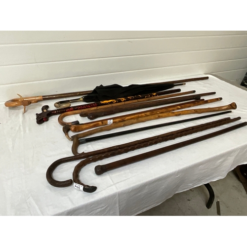 374 - QTY OF VINTAGE WALKING STICKS AND A UMBRELLA A/F AND A SHEPHERDS CROOK 58