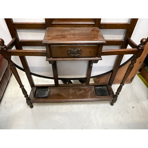 375 - EDWARDIAN OAK HALLSTAND WITH CENTRAL MIRROR OVER SINGLE DRAWER COMPLETE WITH DRIP TRAYS H80