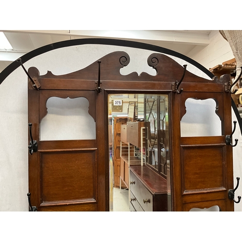 375 - EDWARDIAN OAK HALLSTAND WITH CENTRAL MIRROR OVER SINGLE DRAWER COMPLETE WITH DRIP TRAYS H80