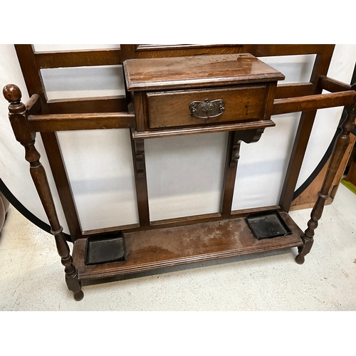 375 - EDWARDIAN OAK HALLSTAND WITH CENTRAL MIRROR OVER SINGLE DRAWER COMPLETE WITH DRIP TRAYS H80