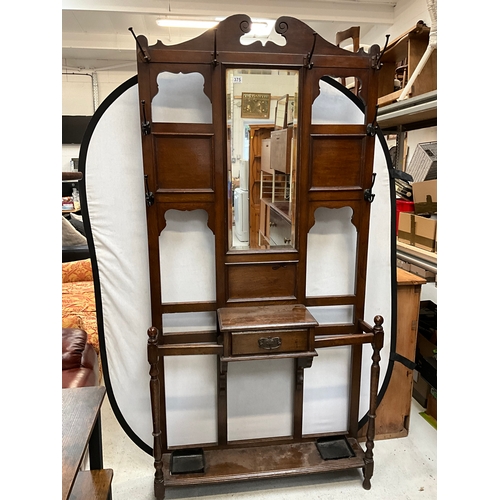 375 - EDWARDIAN OAK HALLSTAND WITH CENTRAL MIRROR OVER SINGLE DRAWER COMPLETE WITH DRIP TRAYS H80