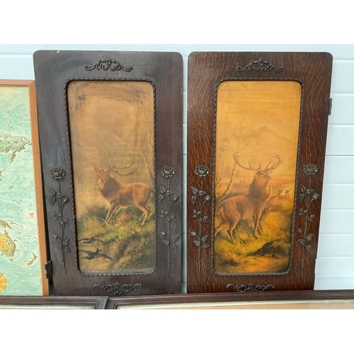 388 - QTY OF VICTORIAN PICTURES AND FRAMED MAP, CARVED DOOR PANELS 32.5