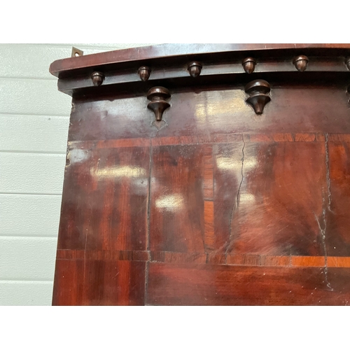 389 - GEORGIAN MAHOGANY INLAID BOW FRONTED HANGING CORNER CABINET WIHT DRAWER TO BASE FITTED WITH SHELVES ... 