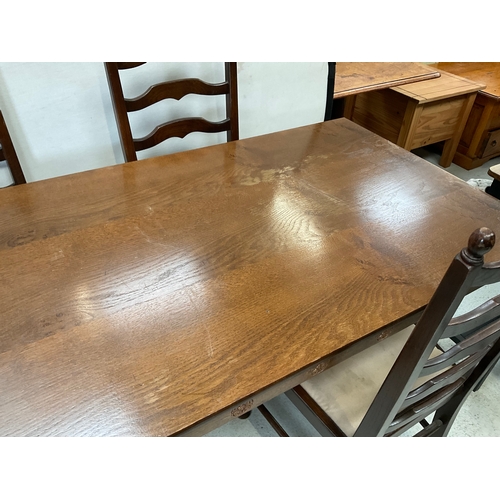 395 - REPRODUCTION OAK REFECTORY DINING TABLE AND 4 MATCHING CHAIRS H30