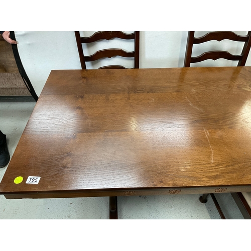 395 - REPRODUCTION OAK REFECTORY DINING TABLE AND 4 MATCHING CHAIRS H30