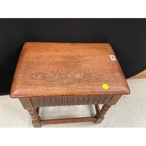 396 - DARK OAK STRETCHERED PRIORY LAMP TABLE WITH SINGLE DRAWER H17