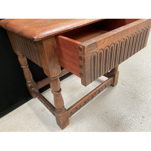 396 - DARK OAK STRETCHERED PRIORY LAMP TABLE WITH SINGLE DRAWER H17